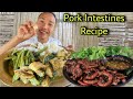 Cooking and Eating Pork Intestines || Pork Intestines Recipe || Eating Pork With Mustard Leaves