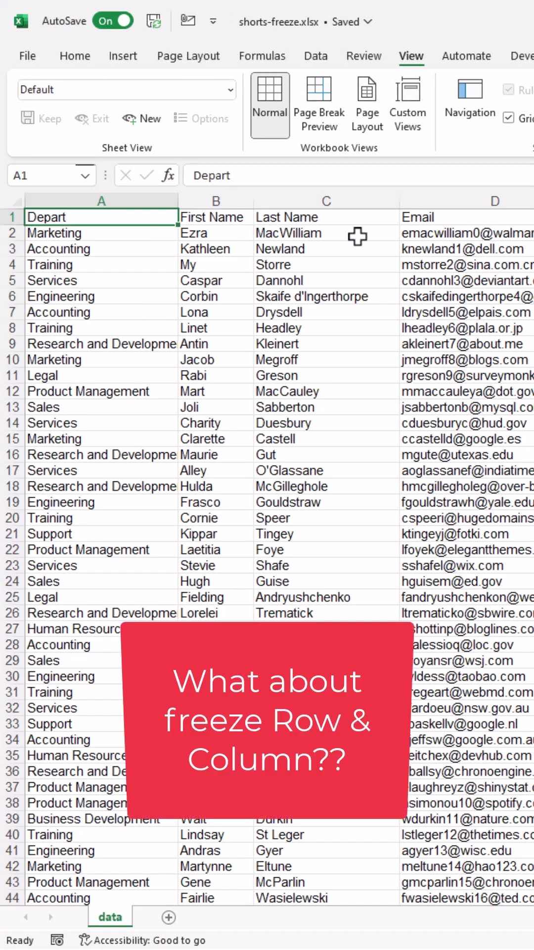 See Heading and Row Labels while Scrolling Around - Excel #Shorts