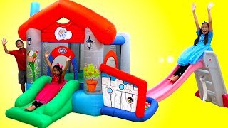 Wendy Pretend Play with an Inflatable Playground Bounce Playhouse
