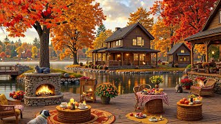 Tranquill Jazz In Lakeside | Cozy Outdoor Autumn Coffee Shop Ambience With Warm Fireplace For Study