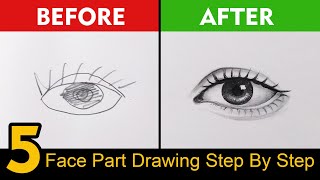 5 Tips How To Draw Eye, Eyebrow,  Nose, Ear, Lips Step By Step For Beginners
