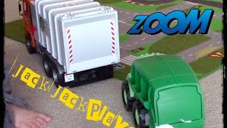 GARBAGE TRUCK Videos for Children- Bruder recycling truck, Green Toys recycling truck JackJackPlays.