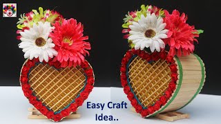 DIY popsicle sticks  heart design flower vase | ice cream stick craft idea |  Room decor flower vase
