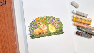 오일파스텔로 동물 그리기, 사이좋은 토끼와 병아리🐰🐤💕 | How to draw bunny and chick