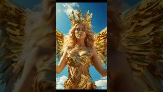 gold and white angel has gold crown with golden mask and four wings floating and glowing#shorts#reel