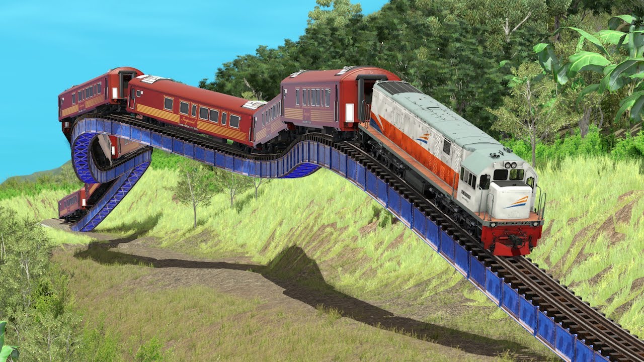 Kereta Api Berjalan Lewat Jembatan Naik Turun The Train Runs Through