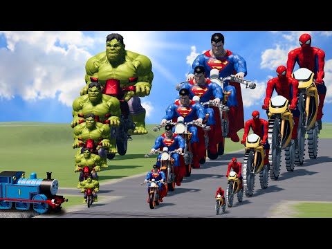 Big & Small: Spiderman with Saw wheels vs Superman vs Hulk on a motorcycle vs Trains BeamNG.Drive