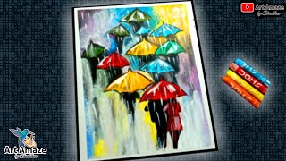 Rainy season scenery oil pastel drawing | Girl with umbrella oil pastel drawing