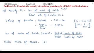 Calculate the molarity of a solution containing 5g of NaOH in 450ml solution.