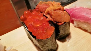 Grandma eat Conveyor belt sushi -Sushi train- machanized by Japanese technology. 回転寿司の英語説明