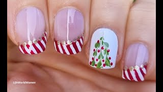 CHRISTMAS NAILS 2022: Candy Cane FRENCH MANICURE With Christmas Tree NAIL ART
