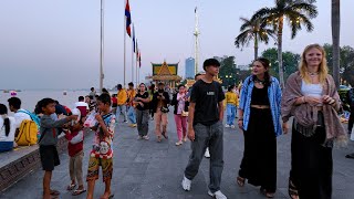 Sisowath Riverside Park (4K HDR) | Cambodia, Phnom Penh Walking Tour | 2024