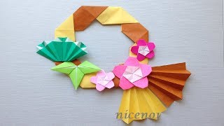 折り紙 お正月のリース（松竹梅）3 簡単な折り方 Origami Flower plum wreath tutorial（niceno1）