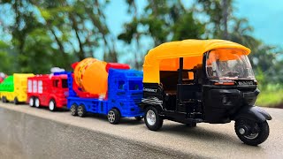 Satisfying Toy CNG Auto Rickshaw, Mixer Truck, Fire Truck, Tank Truck Hand Driving On Outer Wall