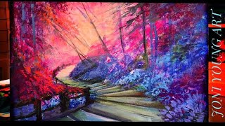 ACRYLIC PAINTING TUTORIAL | STEP by STEP HOW TO PAINT AN AUTUMN FOREST | NEON ACRYLIC PAINT🎨