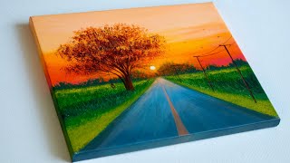 Sunset On A Country Road | Acrylic painting for Beginners | Sunset Landscape Painting