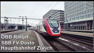 SBB FV Dosto und ÖBB Railjet verlassen den Hauptbahnhof Zürich, Stadt Zürich, Schweiz 2023