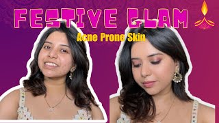 Festive glam makeup on Acne prone skin ✨| dewy glowy makeup | Acne prone skin makeup #makeup #acne