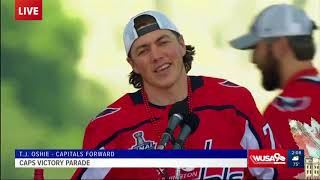 Capitals Forward T.J. Oshie speaks to fans at Victory Parade