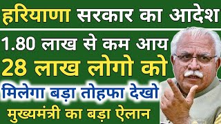 हरियाणा सरकार आदेश।। 28 लाख लोगो को मिलेगा बड़ा तोहफा। 1.80 लाख से कम आय। मुख्यमंत्री का बड़ा ऐलान।।