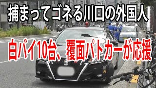 外免じゃね？白バイに交通違反で捕まりゴネる外国人ドライバー！応援要請に緊急走行で駆け付ける交通機動隊の白バイ10台と覆面パトカー