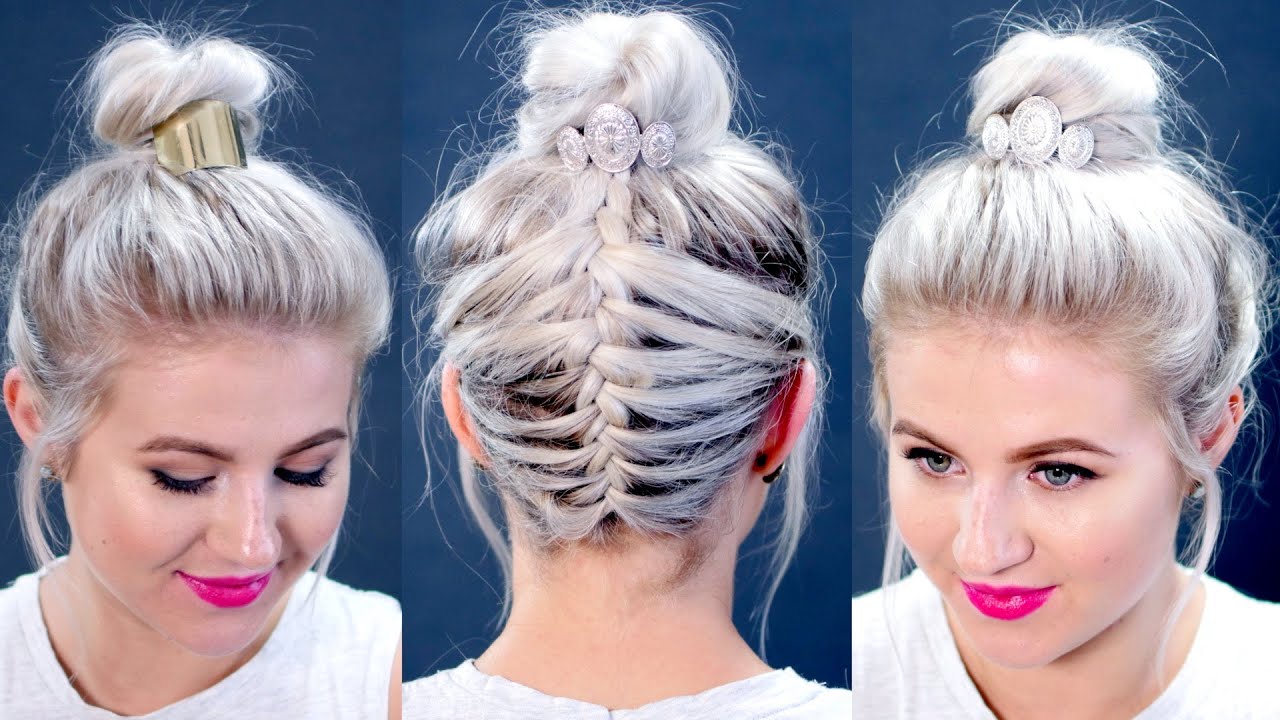 Short Hair Tutorial : Messy Braided Top Knot | Milabu - YouTube