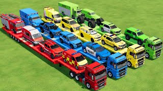 TRANSPORTING ALL POLICE CARS, AMBULANCE, FIRE TRUCK, COLORFUL CARS WITH TRUCK! -FARMING SIMULATOR 22