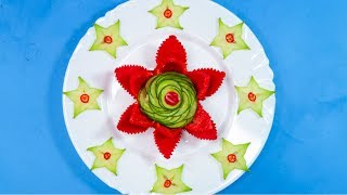 Attractive Garnish of Bell Paper & Cucumbers Rose Flowers with Star Fruit & Chilly Designs