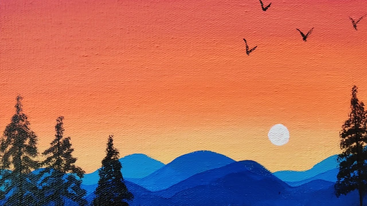 Easy Mountain Sunset Landsacpe Painting || Painting Tutorial For ...