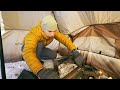 winter camping trip with a tent in the snowy mountains