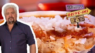 Guy Fieri Tries a "New Englander" Hot Dog | Diners, Drive-Ins and Dives | Food Network
