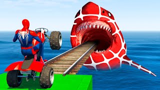 الأبطال الخارقين على القضبان دوامة قمع جسر 🕷️🏍️MULTICOLORED SPIDER MAN! on Motorcycle in Spiral Brid