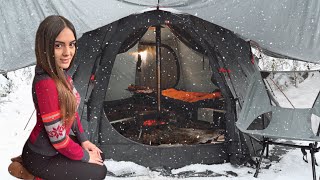 Winter Camp in Hot Tent overnight | Solo camping in a blizzard woods | ASMR