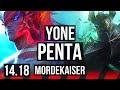 YONE vs MORDEKAISER (TOP) | Penta, 6 solo kills, Legendary, 14/3/1 | EUW Master | 14.18