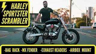 Harley Sportster Scrambler Ep 4 - Bag Rack, MX Fender, Exhaust Headers + Airbox Mount