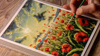 Painting POPPY FIELD AT SUNSET / Acrylic Painting for Beginners