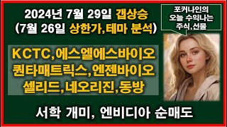 2024년 7월 29일 갭상승과 7월 26일 상한가 종목(갤럭시아에스엠,명문제약,유니테크노,압타머사이언스,바이오플러스,KCTC,에스엘에스바이오,퀀타매트릭스,엔젠바이오,셀리드,대양금