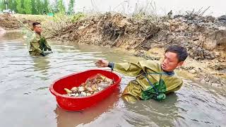 路邊小溝都是“黃金大板鲫”！東子直呼好久沒見過這麽多了！#徒手抓魚 #逮魚摸蝦 #農村捕魚