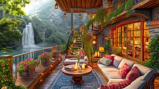 Morning Coffee ☕Cozy Porch Ambience in Beside The Waterfall with Relaxing Piano Jazz Music for Work