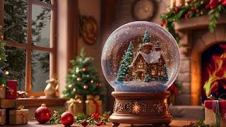 Festive Christmas Fireplace \u0026 Snow Globe Ambience with Cheerful Upbeat Instrumental Christmas Music