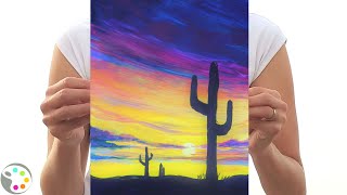 Easy Sunset Painting for Beginners | Cactus Simple Acrylic Painting Tutorial
