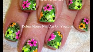 Neon Rainbow Daisy Nail Art Design on glitter for beginners with short nails!