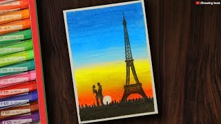 Eiffel Tower sunset scenery Drawing with Oil Pastels step by step | Drawing Buzz
