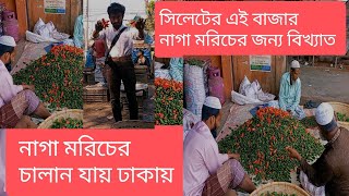 সিলেটের এই বাজার থেকে নাগা মরিচের চালান যায় ঢাকায়। বিক্রি হয় পাইকারী। Wholesale market.