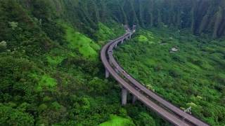 Drone over the H3 Freeway - Oahu, Hawaii