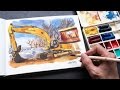 Sketching a Digger with Pen Ink & Daniel Smith Watercolor Sticks (tutorial)