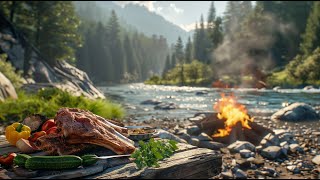 Breakfast for real men. Cooking young lamb ribs outdoors