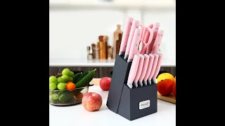 hecef Kitchen Knife Block Set, 14 Pieces Knife Set with Wooden Block \u0026 Sharpener