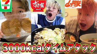 【大食い】先に3000Kcal食べきった人の勝ち！！！【すき家・山岡家・セブン】