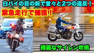 【白バイの目の前で堂々と２つの違反！】サイレン吹鳴して緊急走行で捕獲！